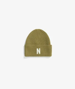 BEANIES^Norse Projects Merino Lambswool Rib N Logo Beanie Sitka Green