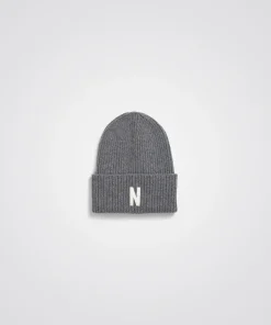 BEANIES^Norse Projects Merino Lambswool Rib N Logo Beanie Grey Melange