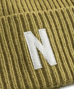 BEANIES^Norse Projects Merino Lambswool Rib N Logo Beanie Sitka Green