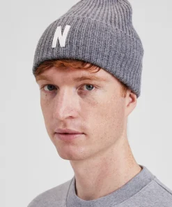 BEANIES^Norse Projects Merino Lambswool Rib N Logo Beanie Grey Melange