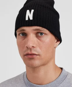 BEANIES^Norse Projects Merino Lambswool Rib N Logo Beanie Black