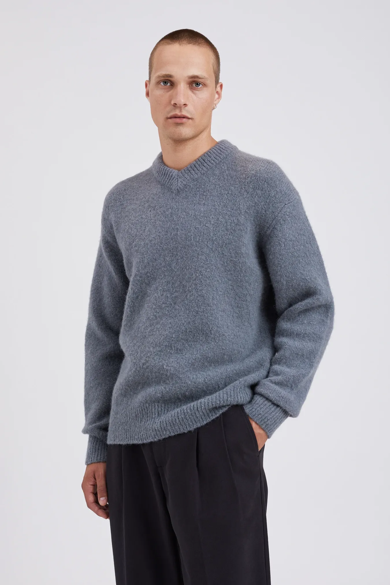 KNITWEAR^Norse Projects Rasmus Relaxed Brushed V-Neck Sweater Mouse Grey